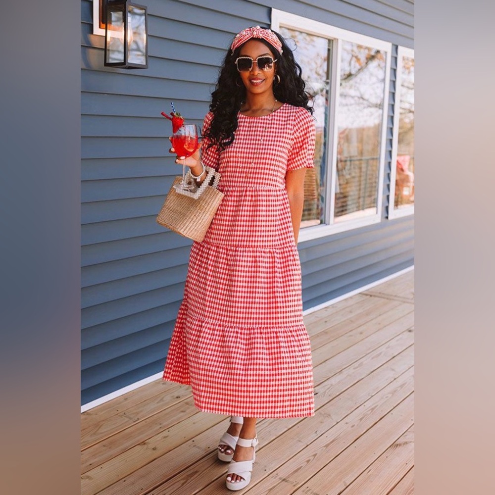 BiBi Red and White Gingham Short Sleeve Tiered Midi Dress with Sleeve Detail